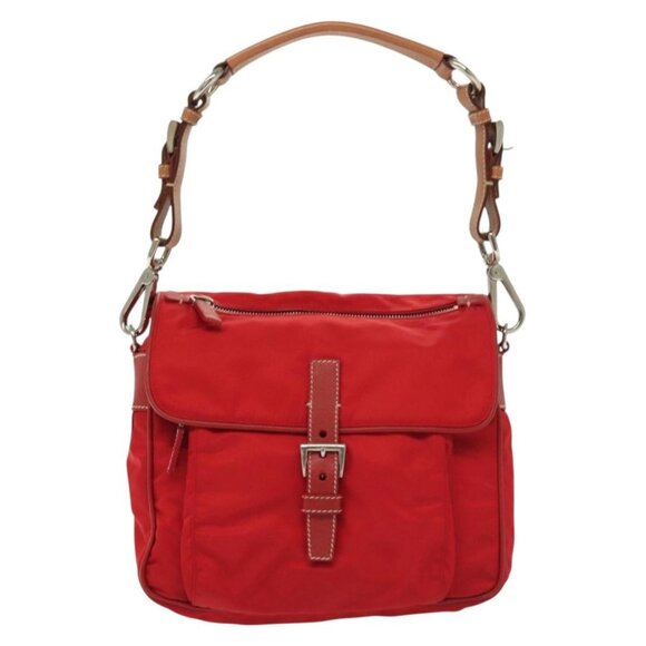 PRADA Shoulder Bag Nylon Leather Red Silver Auth - Picture 1 of 15